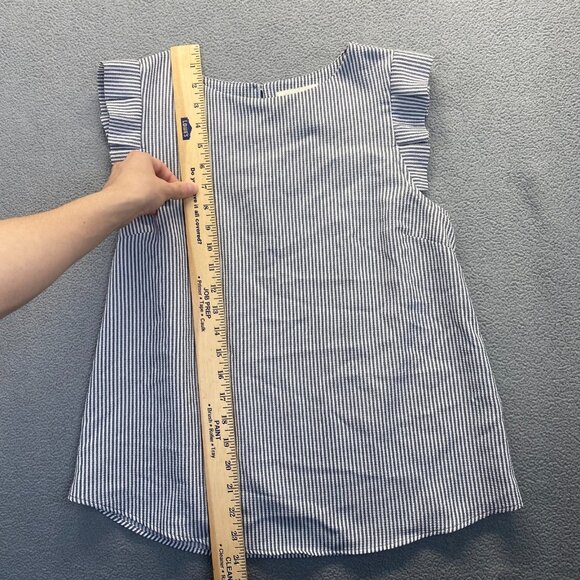 Monteau Top Teens Size M Blue White Striped Short Sleeve Ruffled Blouse - Picture 6 of 10